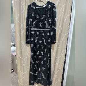BRAND NEW- Mac Duggal Black and Silver Embellished Long Sleeve Dress